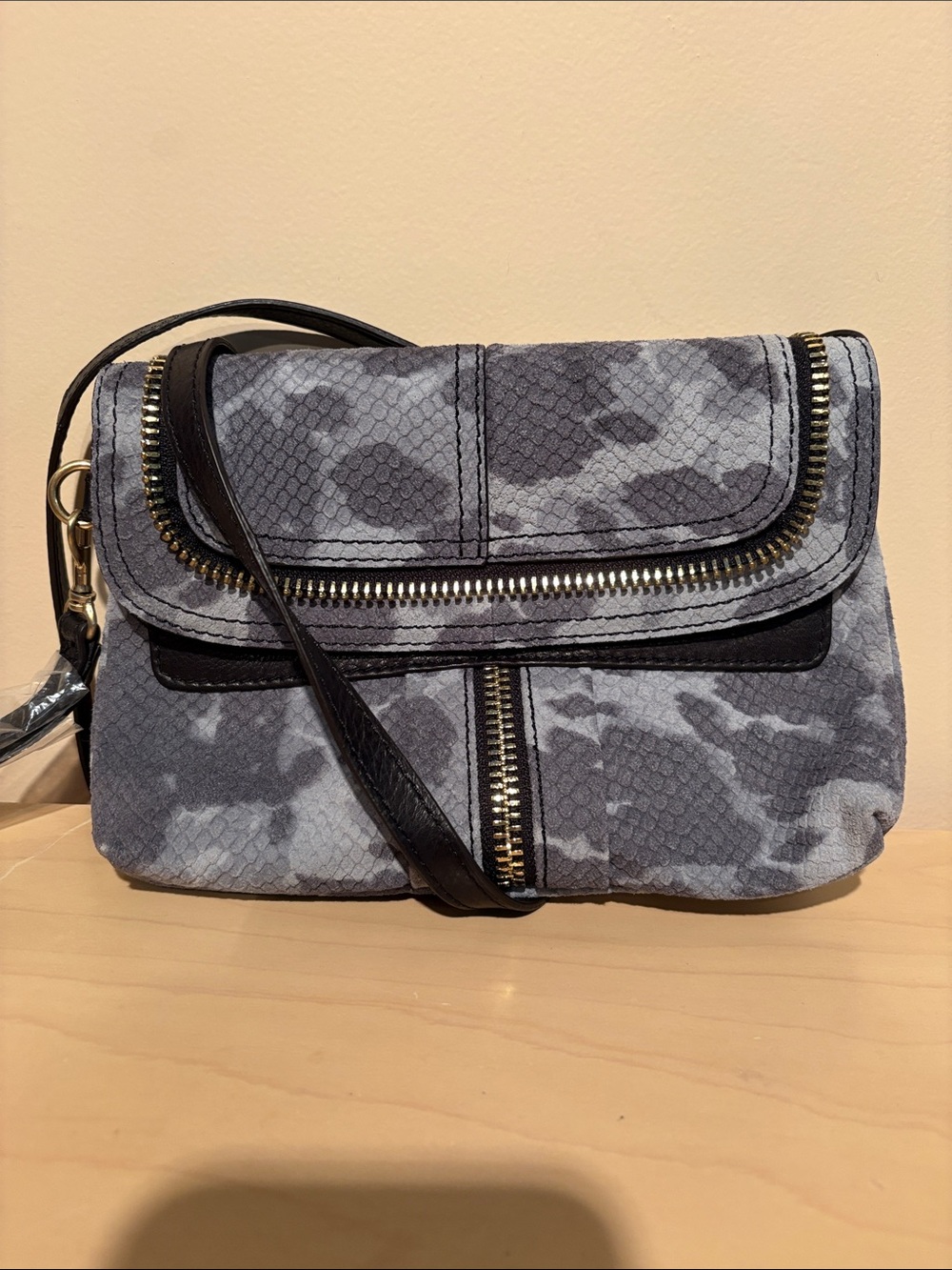 b. makowsky Gray Patterned Crossbody with Gold-Tone Zippers